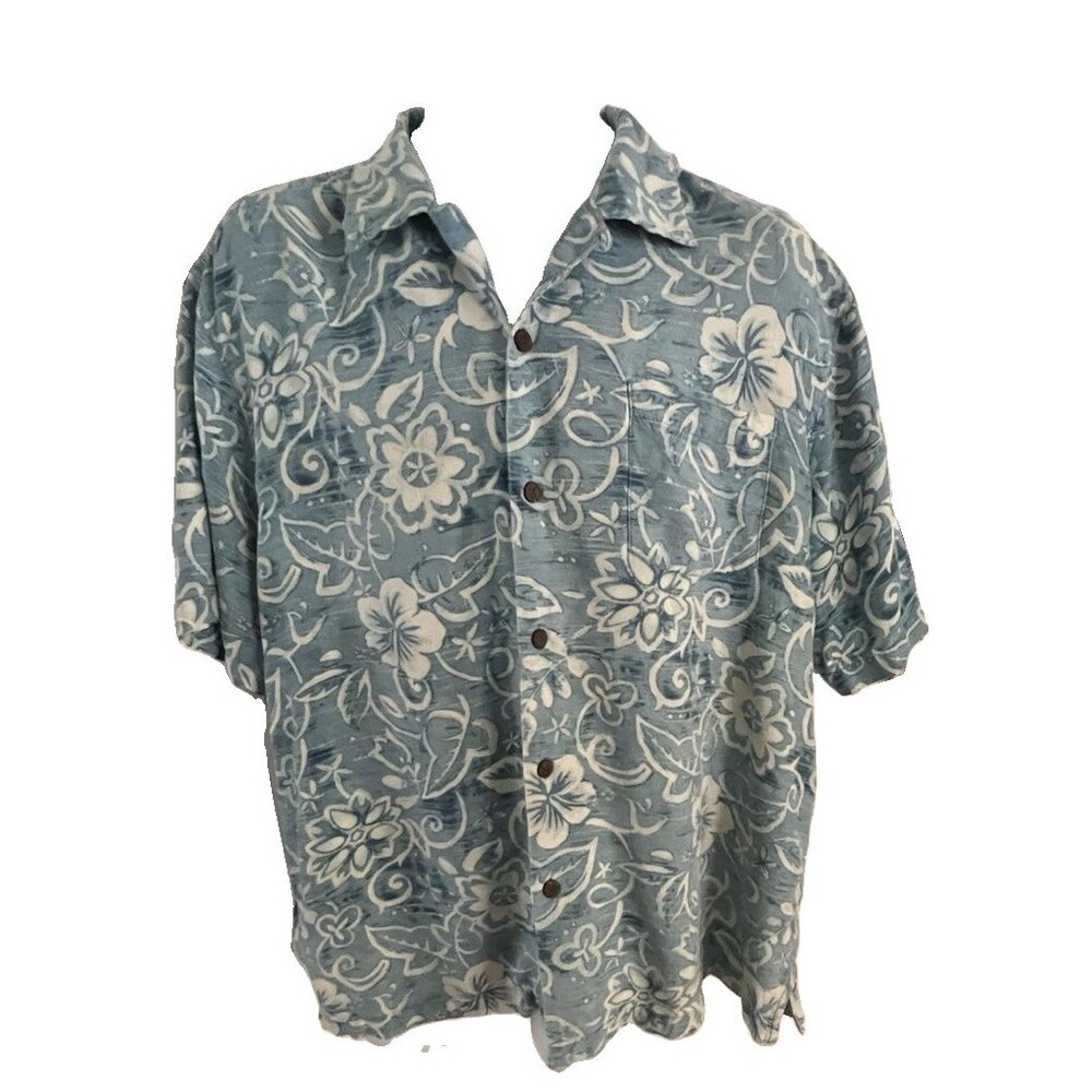 Tommy Bahama Short Sleeve 100% Silk Button Up Mens L Blue White Floral Hawaiian*